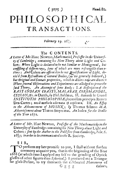 Newton 1671 Theory of Colours